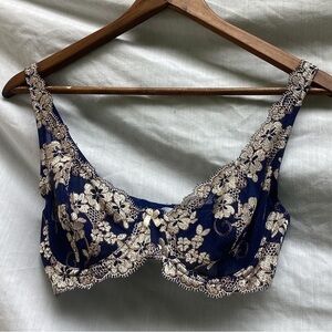 Unbranded blue and silver embroidered floral sheer bra, size 36C